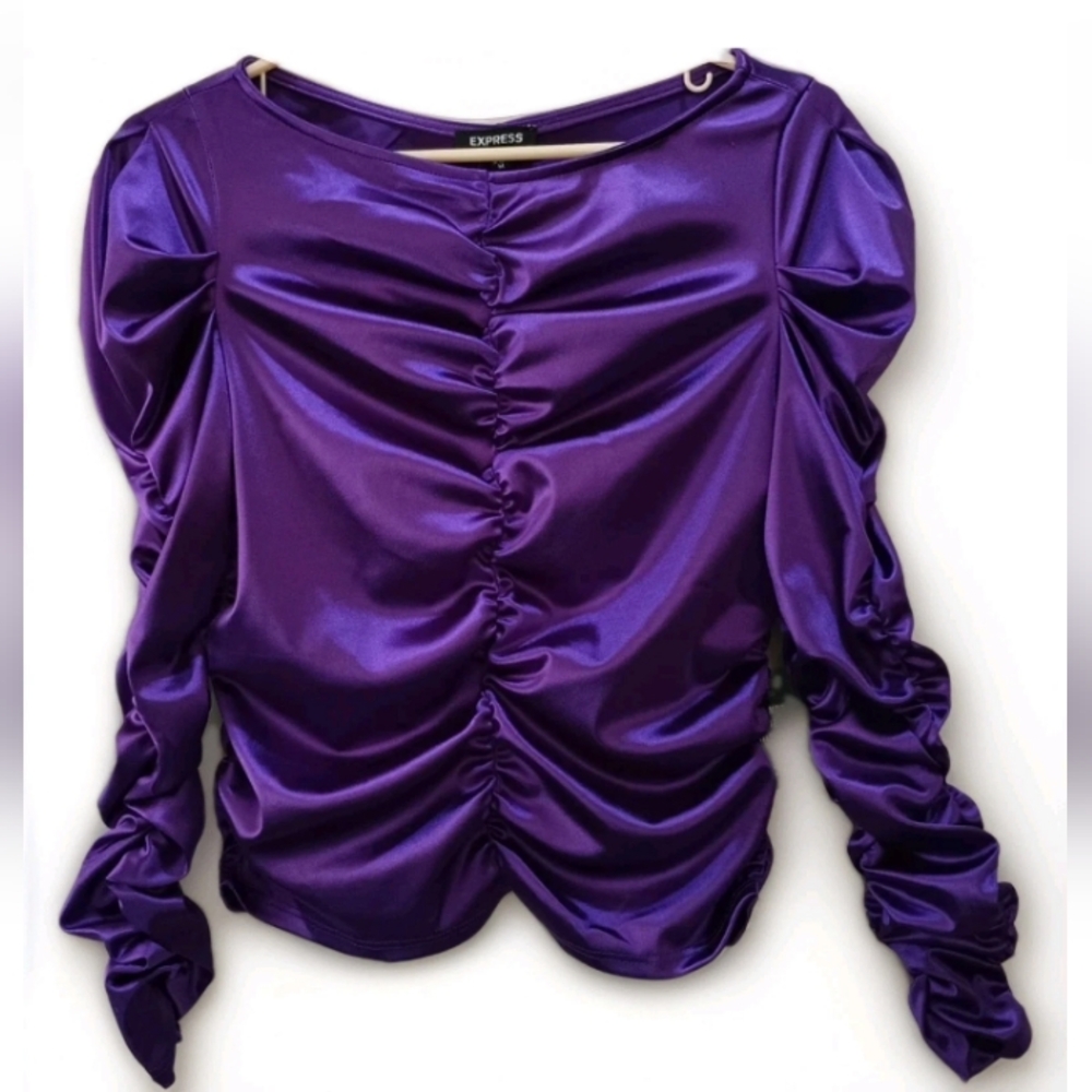 NWT Express Ruched Blouse Long Sleeve Shiny Purple Size Medium